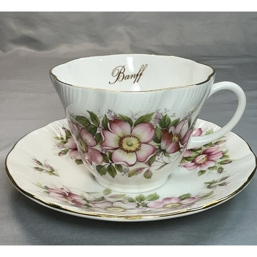 Queen's Prairie Rose Tea Cup and Saucer Banff Alberta England Bone China
